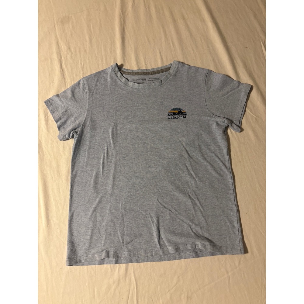 Patagonia‎ Responsibili-Tee kids S Light Blue Excellent Graphic Mountain T-Shirt